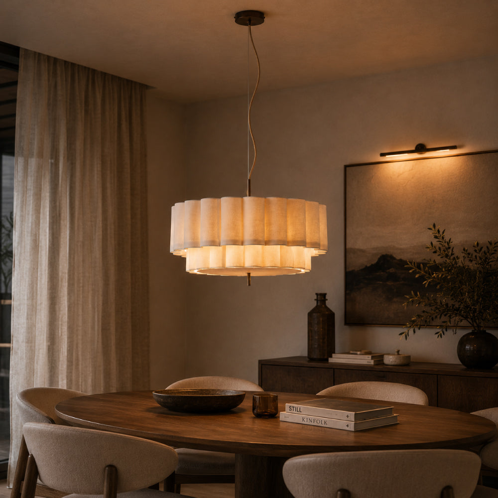 Pendel Lampe i Hør - Skulpturelt Lagdesign med Elegant Bronzefinish 2
