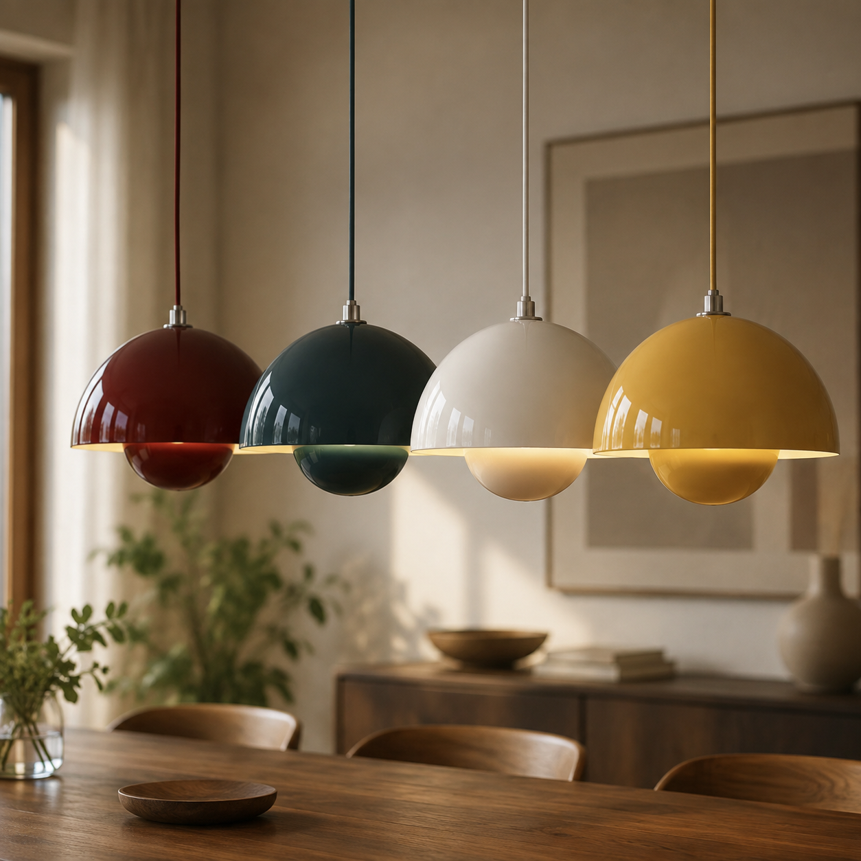 Pendel Lampe til Spisebord - Halvrund Skærm med Svævende Kugle 24