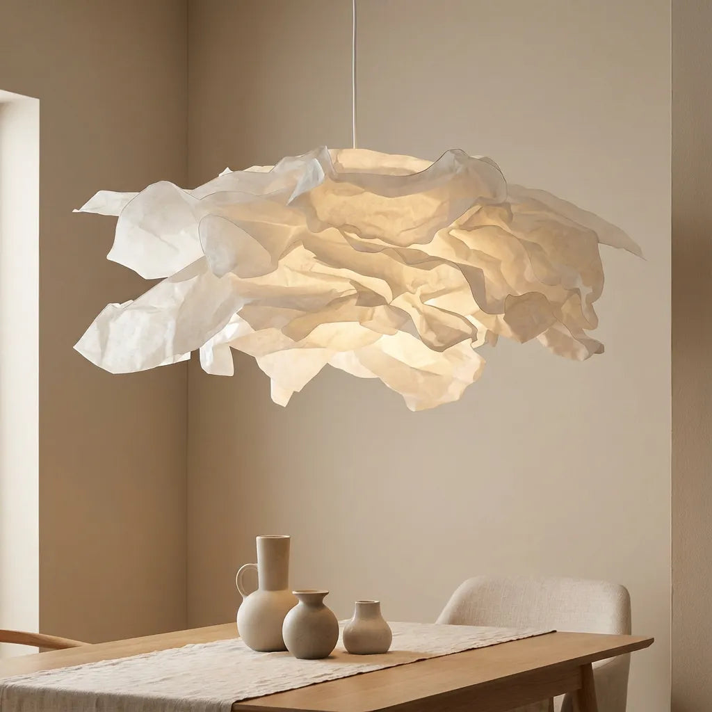 Pendel i japansk lampepapir | Organisk skyform | Skulpturel loftlampe