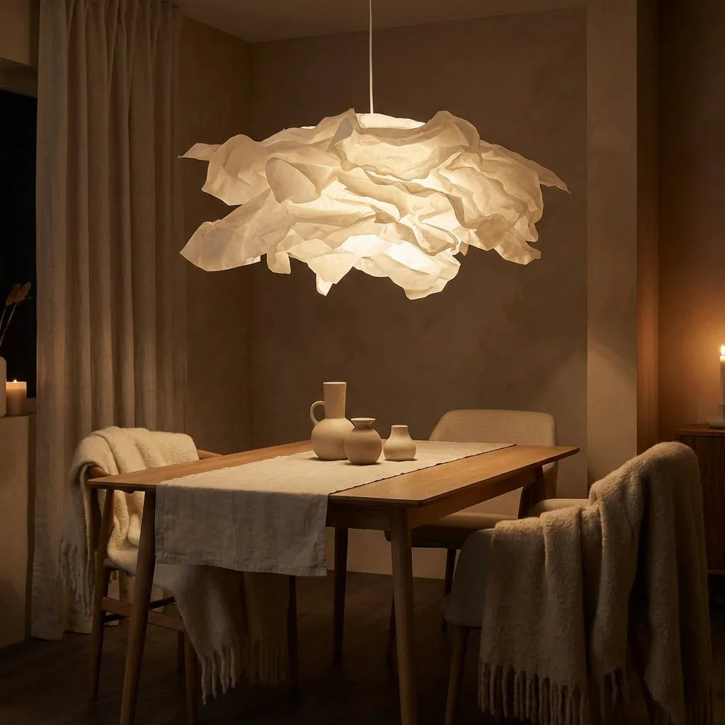 Papirlampe Pendel – Skulpturel Loftlampe i Japansk Lampepapir med Organisk Skyform, E27 inkl. Pære, Ø 43, 62 eller 85 cm