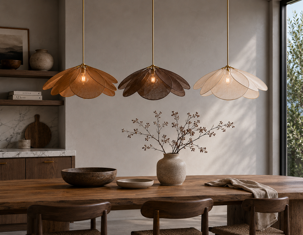 Pendellampe i Stof med Blomsterdesign og Messingdetaljer 7