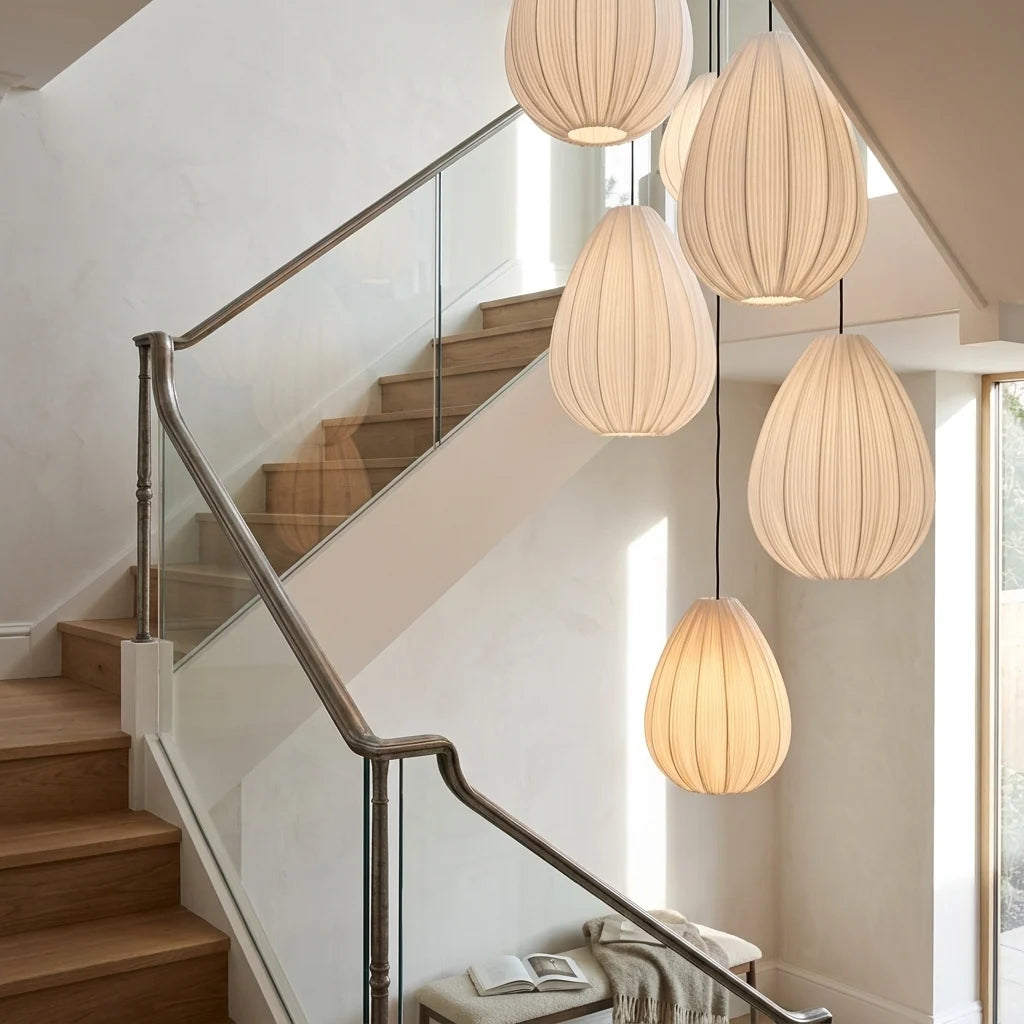 Plisseret Stofpendellampe i Japansk Wabi Sabi Design 2