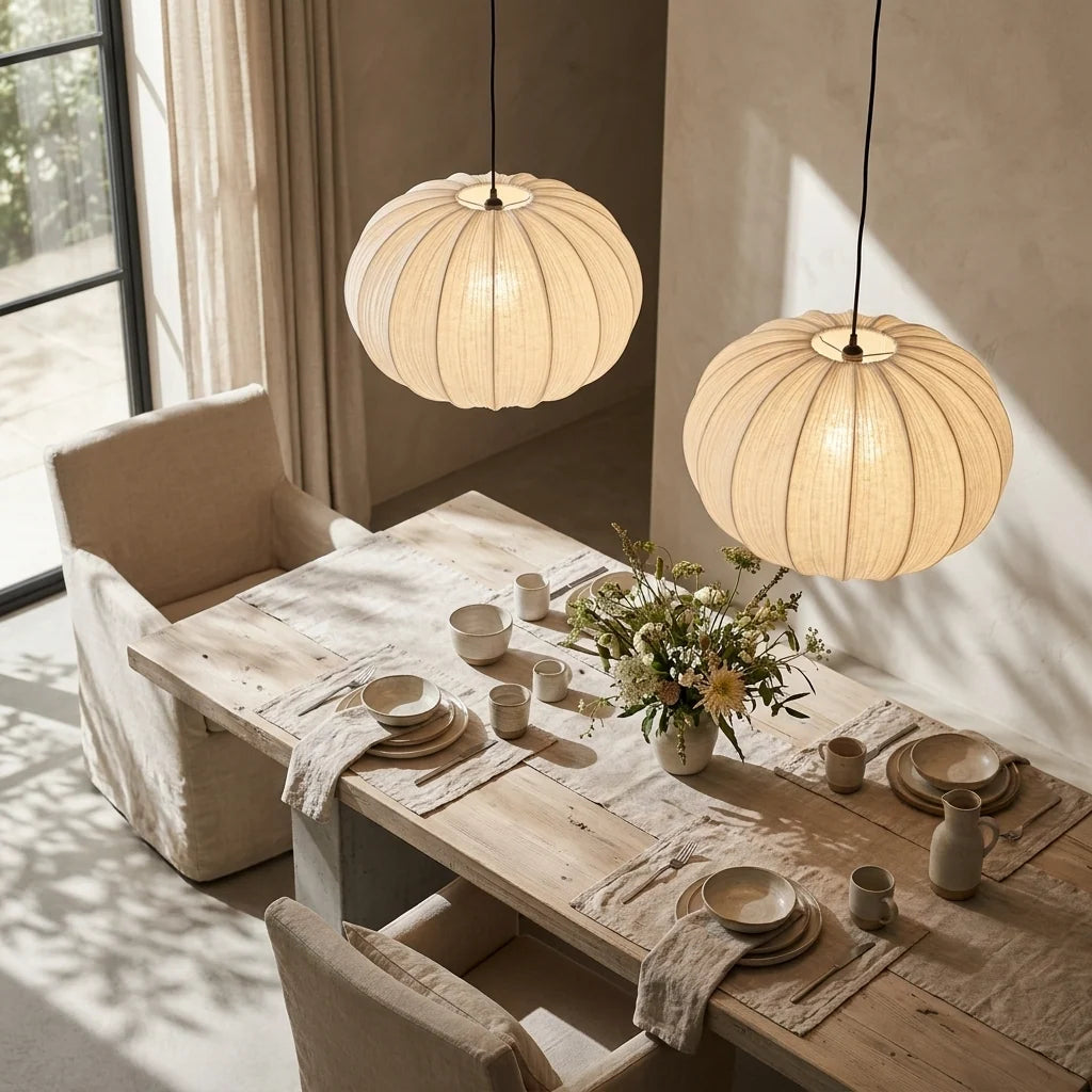 Plisseret Stofpendellampe i Japansk Wabi Sabi Design 4