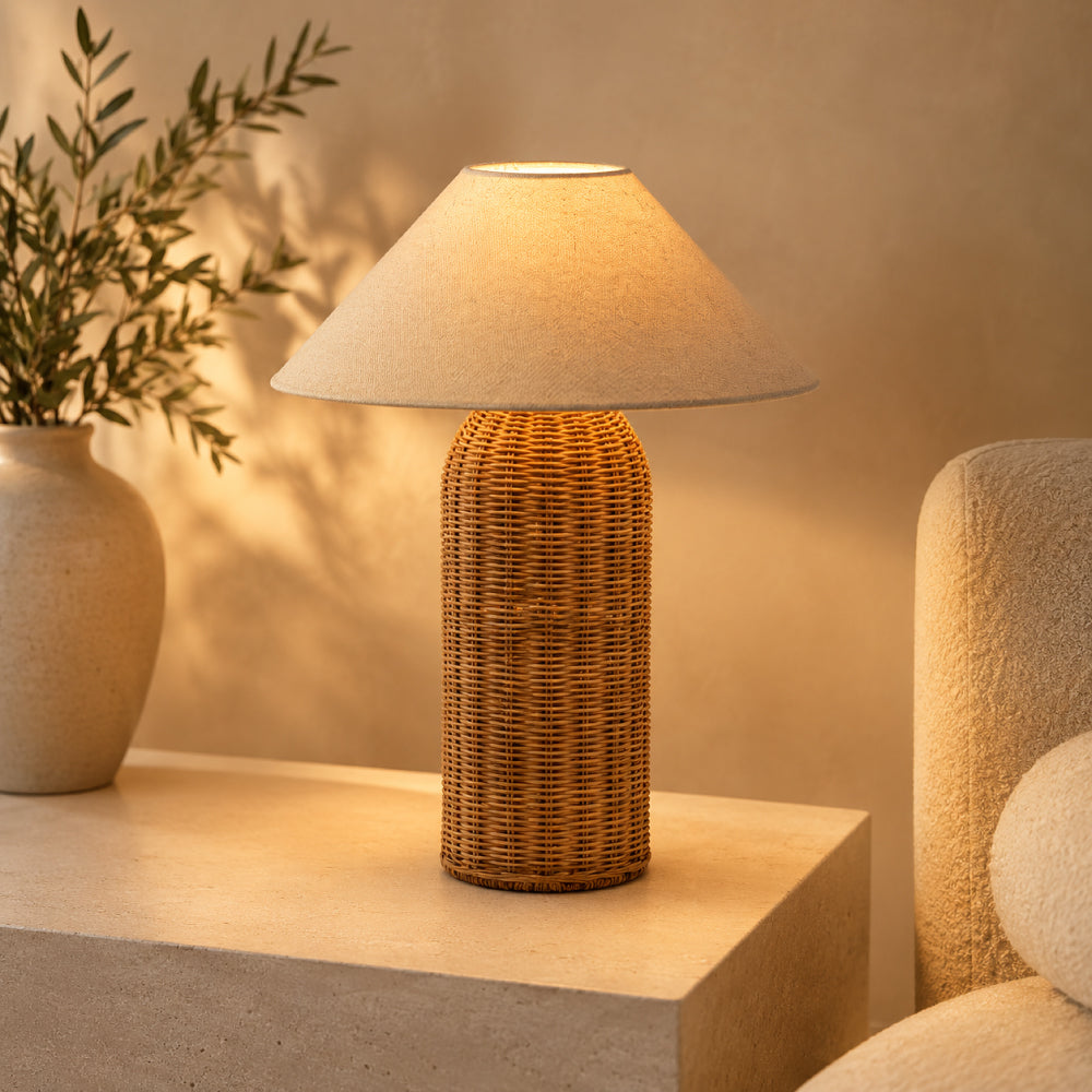 Rattan Bordlampe - Høj Cylinderfod med Naturlig Linnedskærm 11