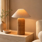 Rattan Bordlampe - Høj Cylinderfod med Naturlig Linnedskærm 12