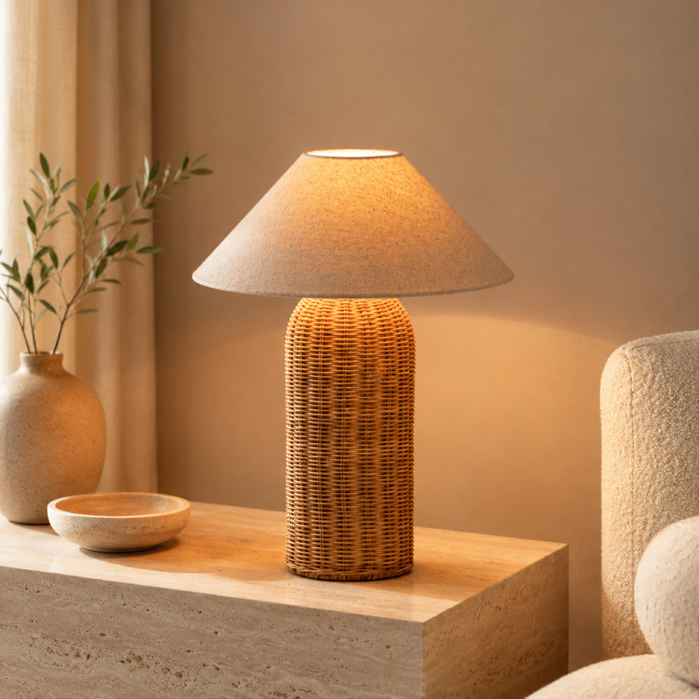 Rattan Bordlampe - Høj Cylinderfod med Naturlig Linnedskærm 12