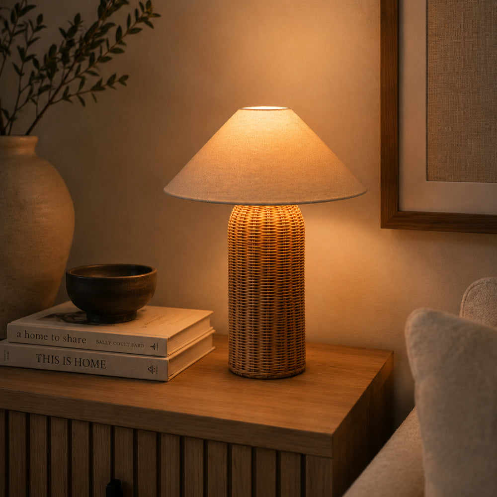Rattan Bordlampe - Høj Cylinderfod med Naturlig Linnedskærm 4
