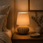 Rattan Bordlampe - Kugleformet Fod med Naturlig Linnedskærm 2
