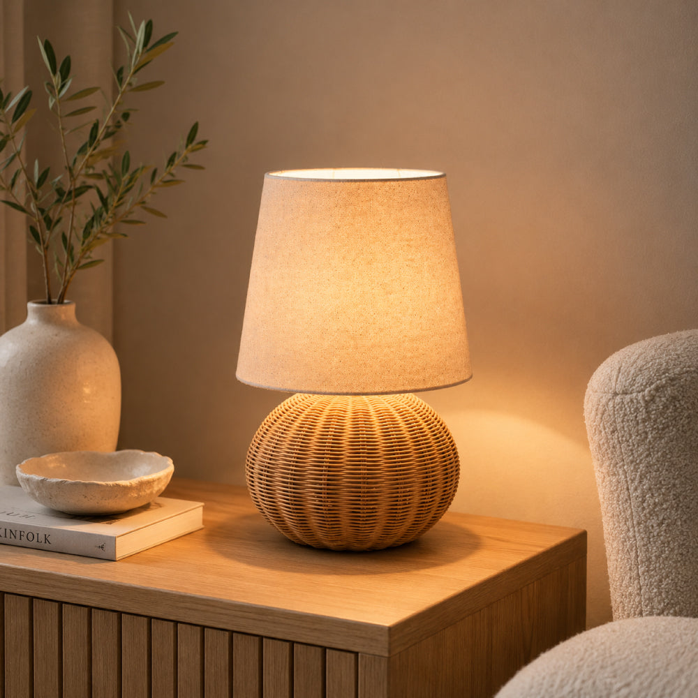 Rattan Bordlampe - Kugleformet Fod med Naturlig Linnedskærm 9