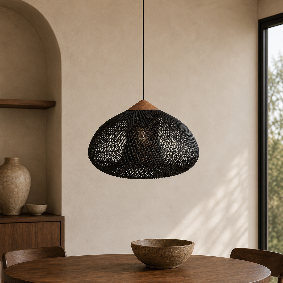 Rattan Pendel Lampe med Trædetaljer – Åben Vævet Skærm til Spisebord 4