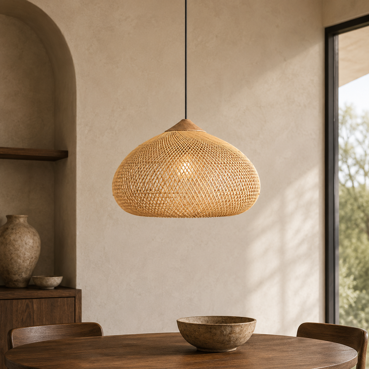 Rattan Pendel Lampe med Trædetaljer - Åben Vævet Skærm og Metalophæng 1
