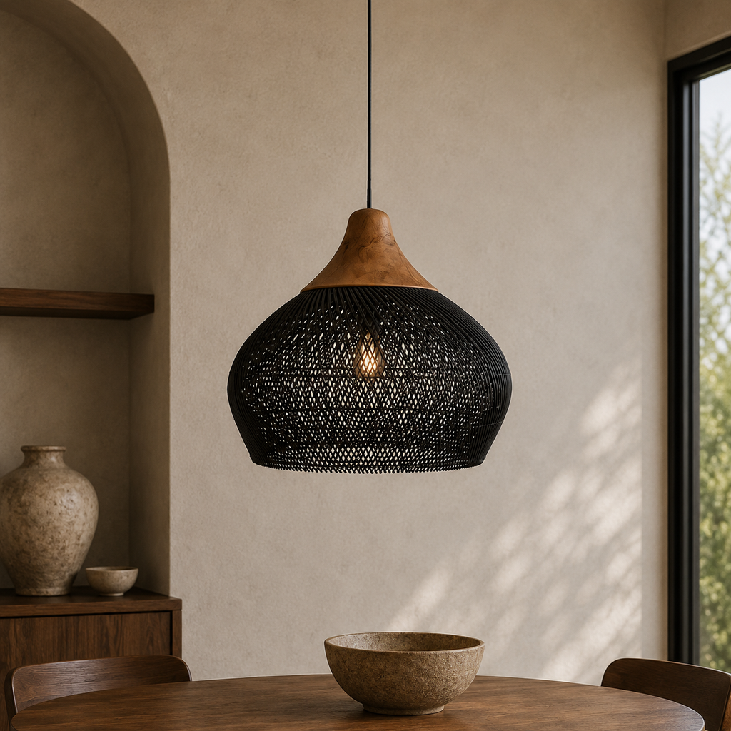 Rattan Pendel Lampe med Trædetaljer - Åben Vævet Skærm og Metalophæng 11