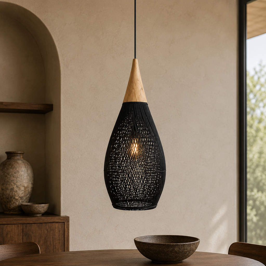 Rattan Pendel Lampe med Trædetaljer - Åben Vævet Skærm og Metalophæng 12