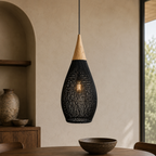 Rattan Pendel Lampe med Trædetaljer - Åben Vævet Skærm og Metalophæng 12