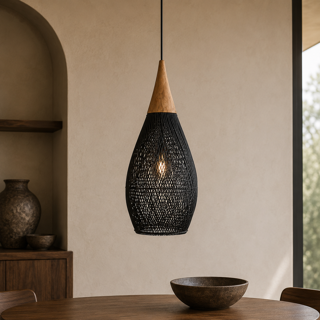 Rattan Pendel Lampe med Trædetaljer - Åben Vævet Skærm og Metalophæng 13
