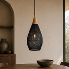 Rattan Pendel Lampe med Trædetaljer - Åben Vævet Skærm og Metalophæng 13