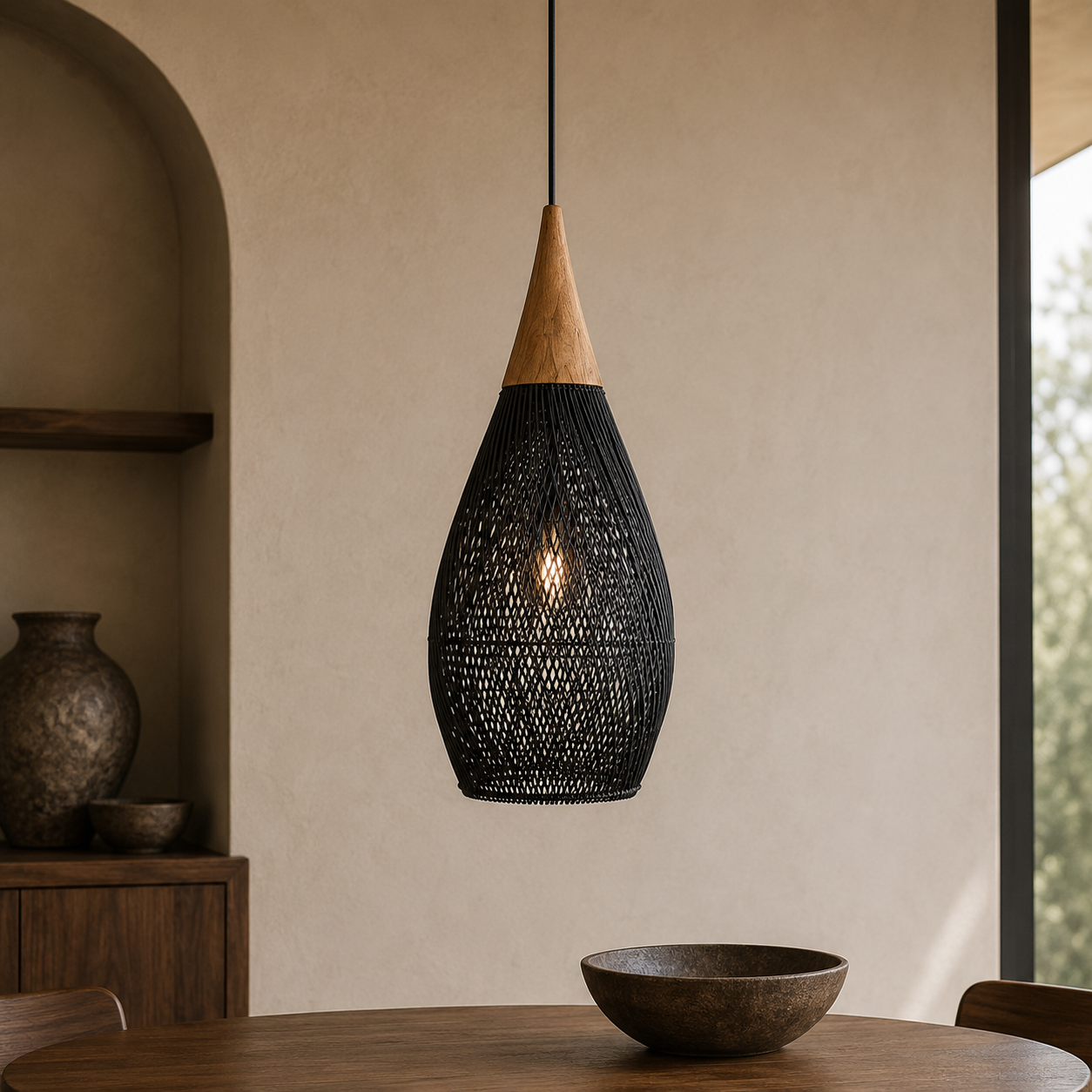 Rattan Pendel Lampe med Trædetaljer - Åben Vævet Skærm og Metalophæng 13
