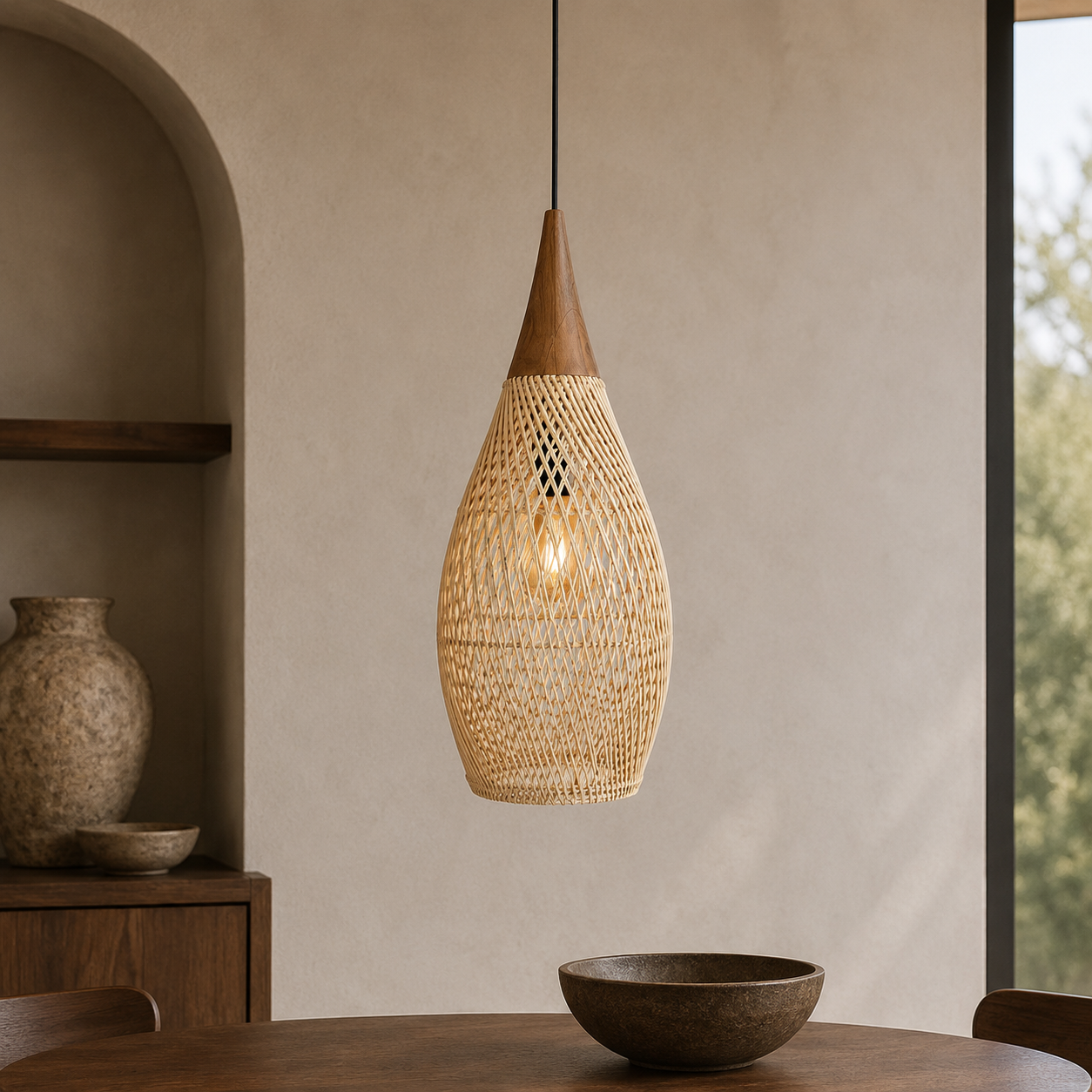 Rattan Pendel Lampe med Trædetaljer - Åben Vævet Skærm og Metalophæng 14