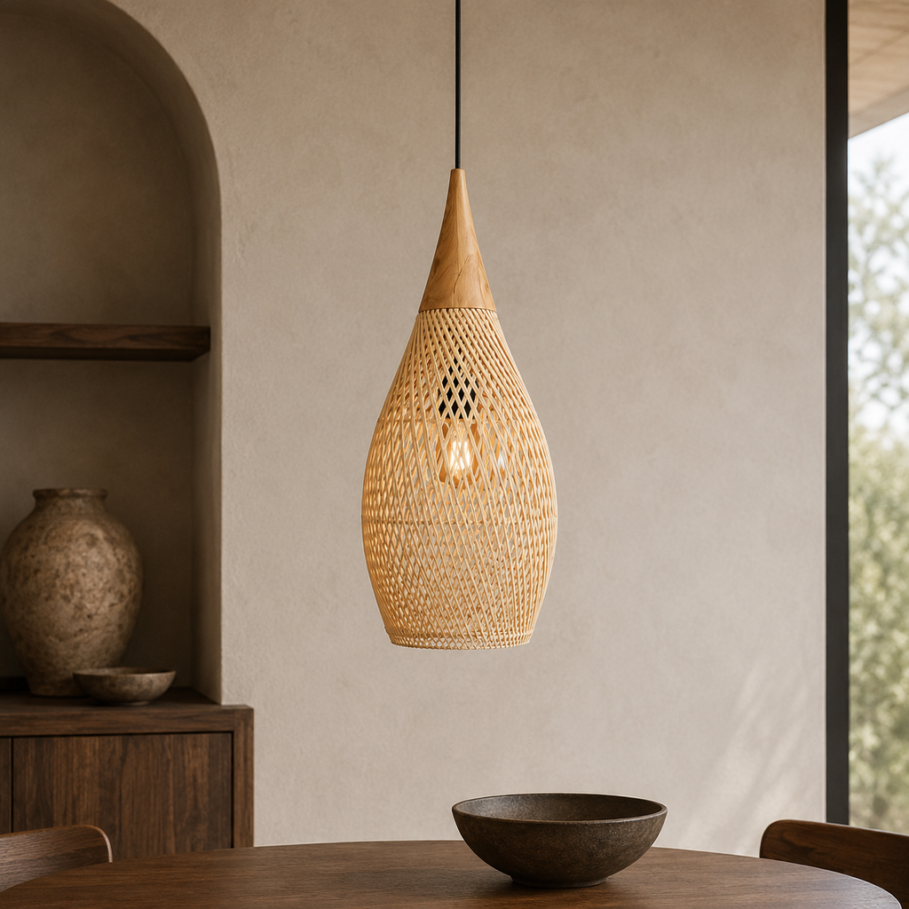 Rattan Pendel Lampe med Trædetaljer - Åben Vævet Skærm og Metalophæng 15