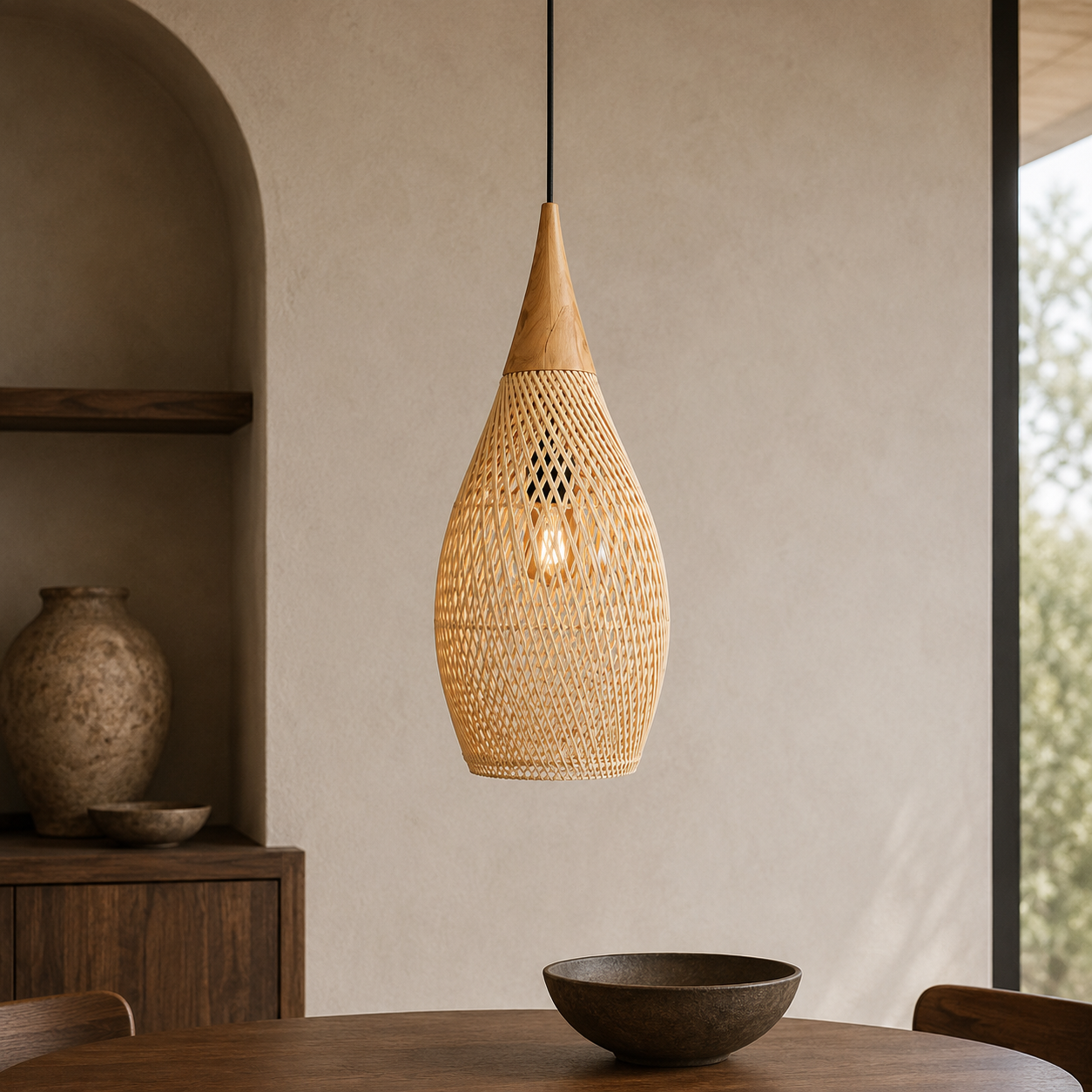 Rattan Pendel Lampe med Trædetaljer - Åben Vævet Skærm og Metalophæng 15