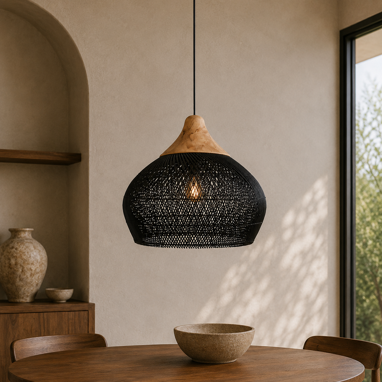 Rattan Pendel Lampe med Trædetaljer - Åben Vævet Skærm og Metalophæng 16
