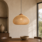Rattan Pendel Lampe med Trædetaljer - Åben Vævet Skærm og Metalophæng 2