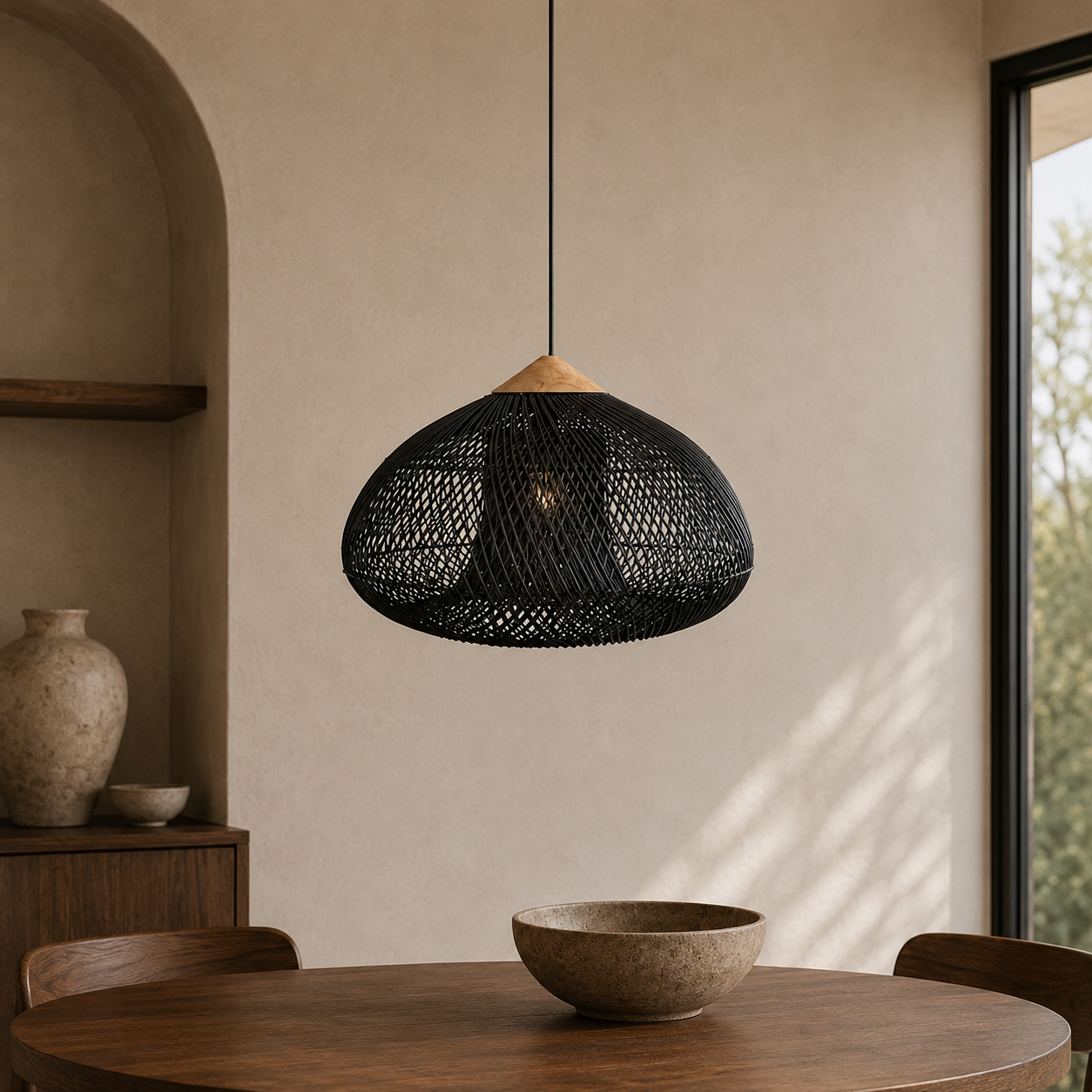 Rattan Pendel Lampe med Trædetaljer - Åben Vævet Skærm og Metalophæng 3