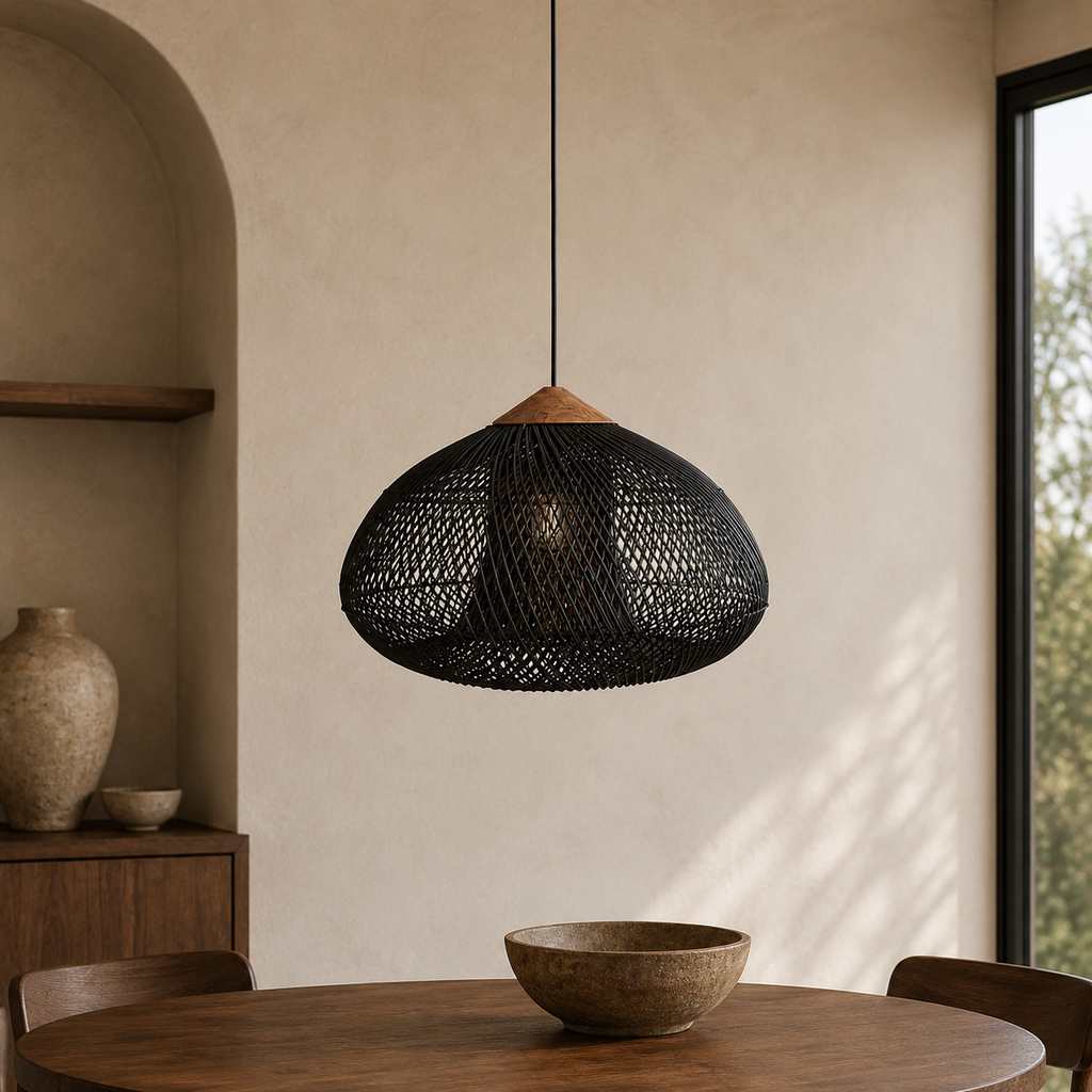 Rattan Pendel Lampe med Trædetaljer - Åben Vævet Skærm og Metalophæng 4