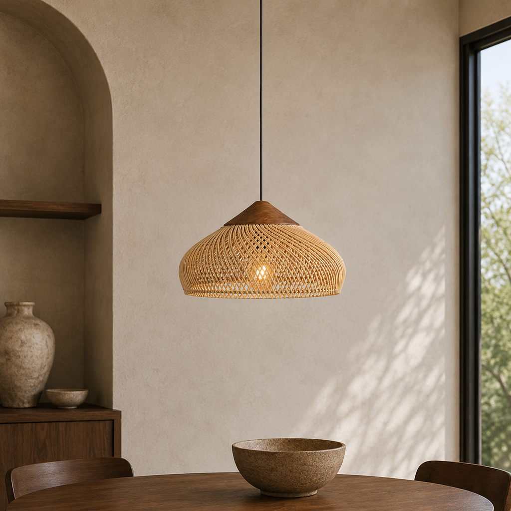 Rattan Pendel Lampe med Trædetaljer - Åben Vævet Skærm og Metalophæng 6