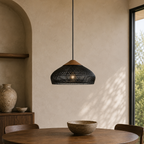 Rattan Pendel Lampe med Trædetaljer - Åben Vævet Skærm og Metalophæng 8