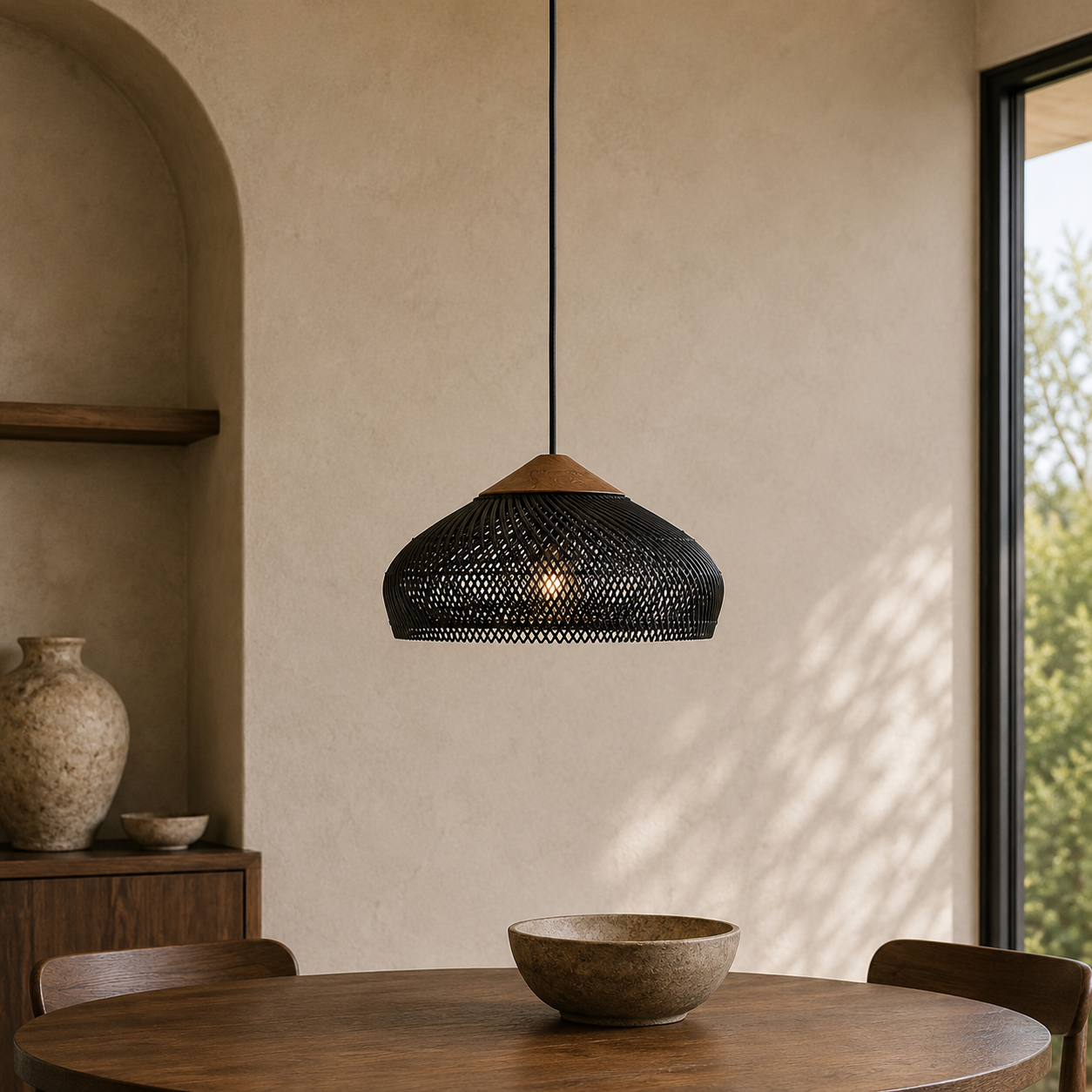 Rattan Pendel Lampe med Trædetaljer - Åben Vævet Skærm og Metalophæng 8