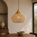 Rattan Pendel Lampe med Trædetaljer - Åben Vævet Skærm og Metalophæng 9