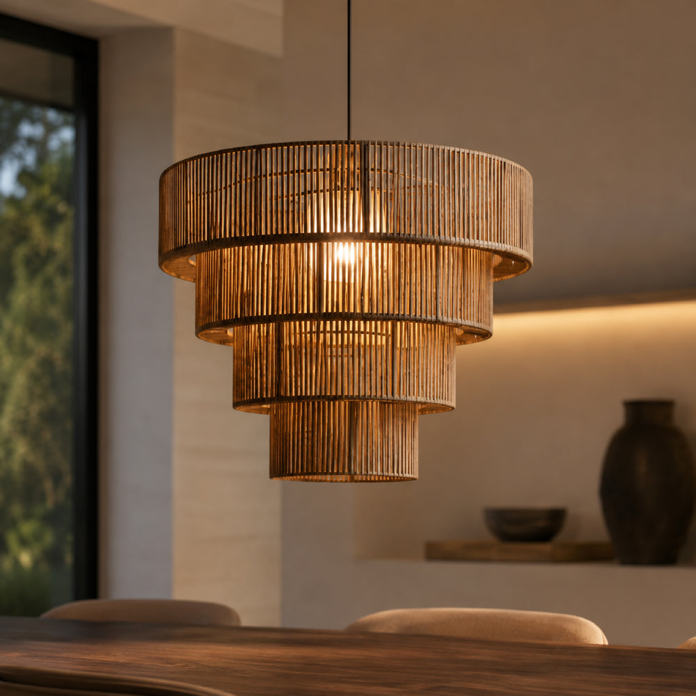Rattan Pendel Lampe til Spisebord - Skulpturelt Lagdelt Design 0
