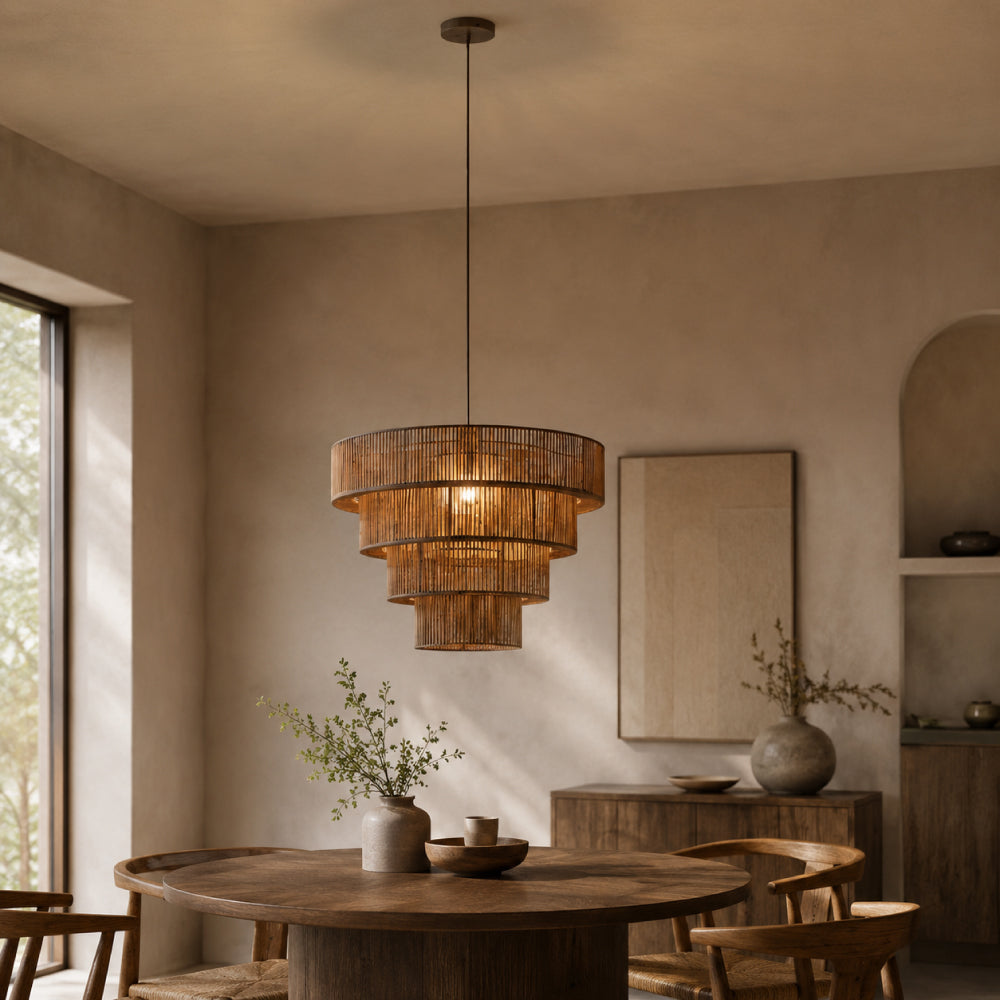 Rattan Pendel Lampe til Spisebord - Skulpturelt Lagdelt Design 1
