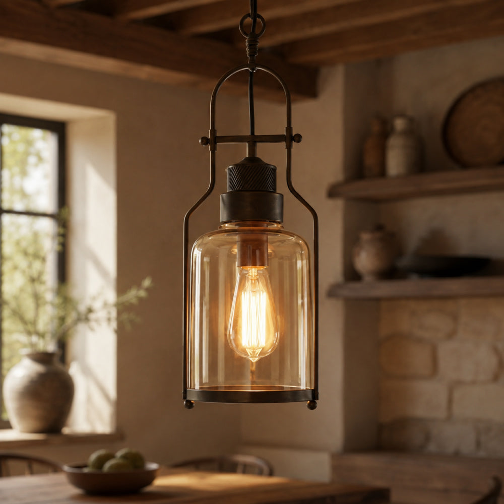 Retro Industriel Hængelampe i Metal og Glas – Holdbart Design med Tidløst Udtryk 0