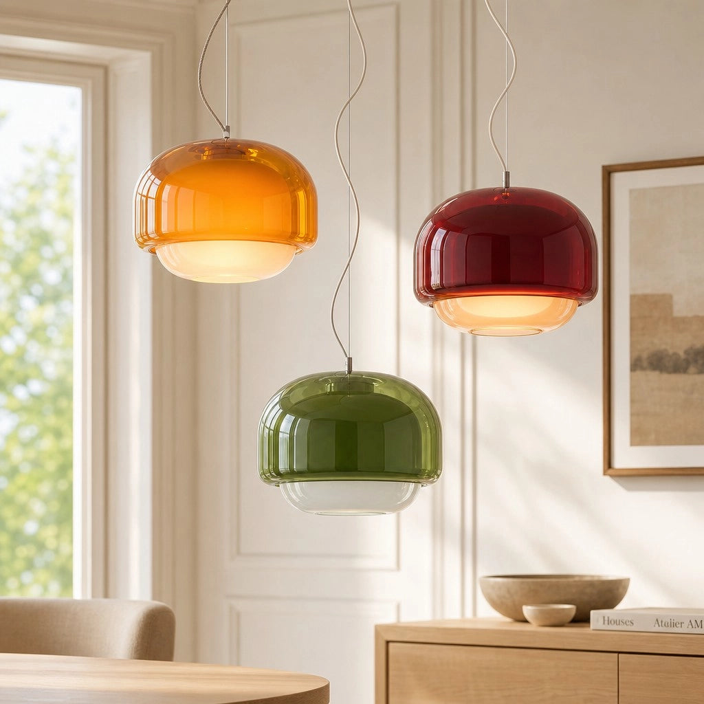 Retro Pendel Lampe i Glas - Tonet Glas med Opalglaskærm 1
