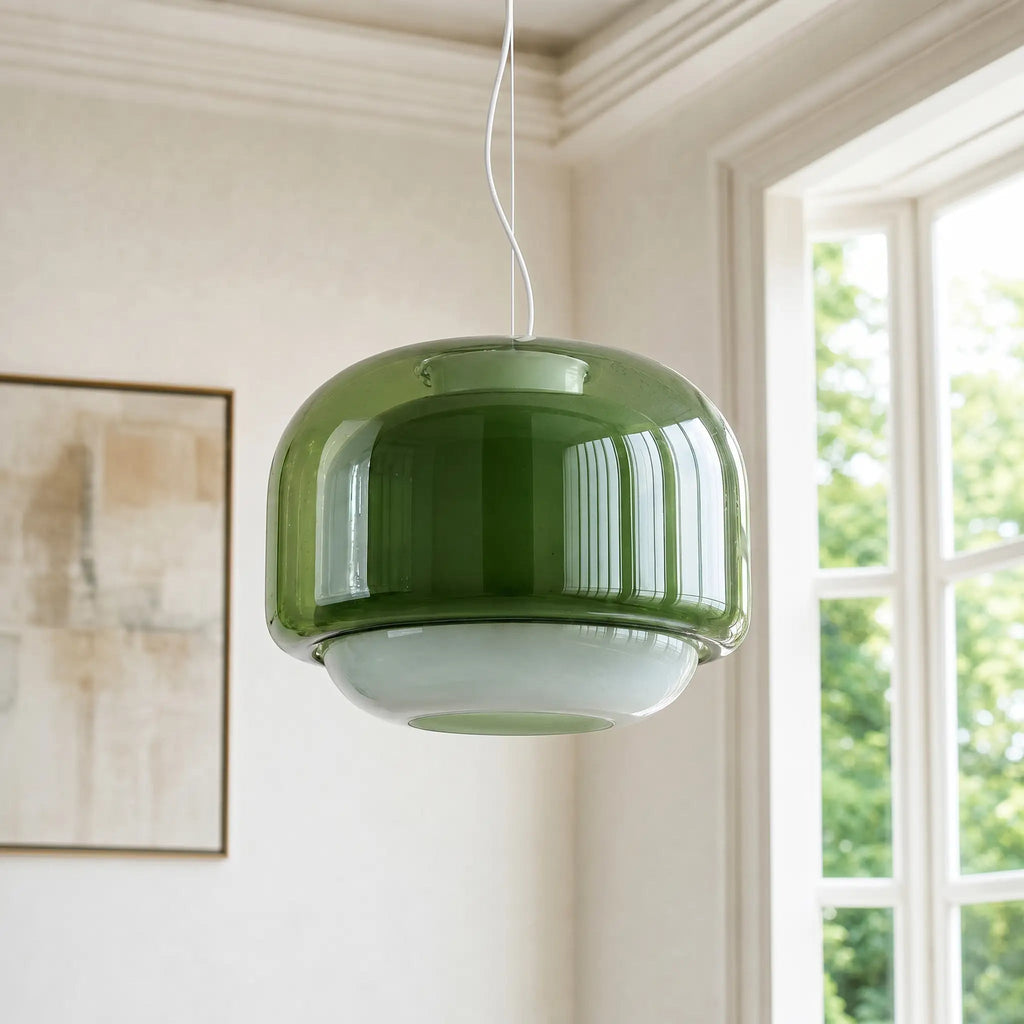 Retro Pendel Lampe i Glas - Tonet Glas med Opalglaskærm 3
