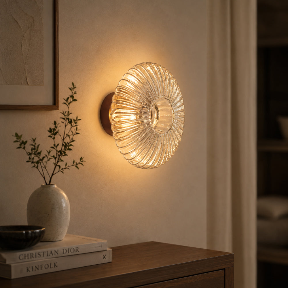 Retro Væglampe i Glas - Riflet Glasskærm med Rundt Design 0
