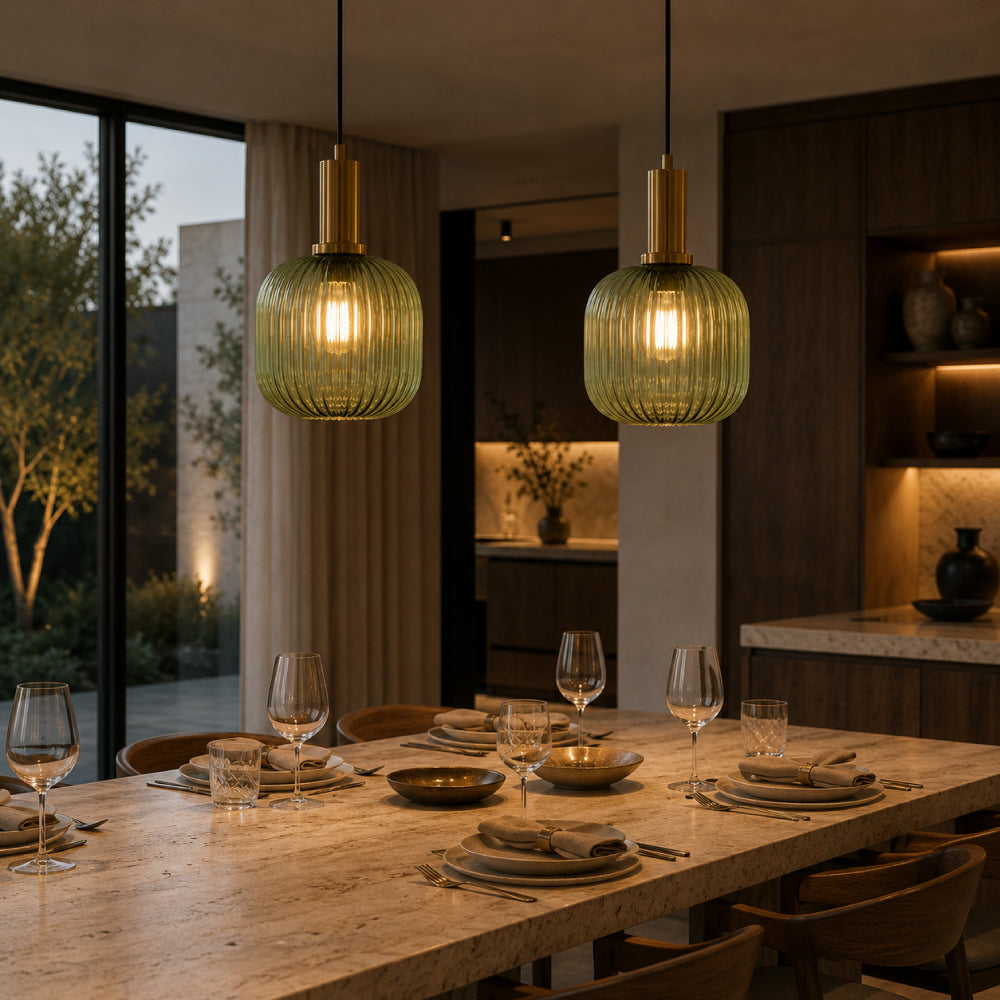 Rillet Glas Pendel Lampe - Tonet Glas med Retro Udtryk 30