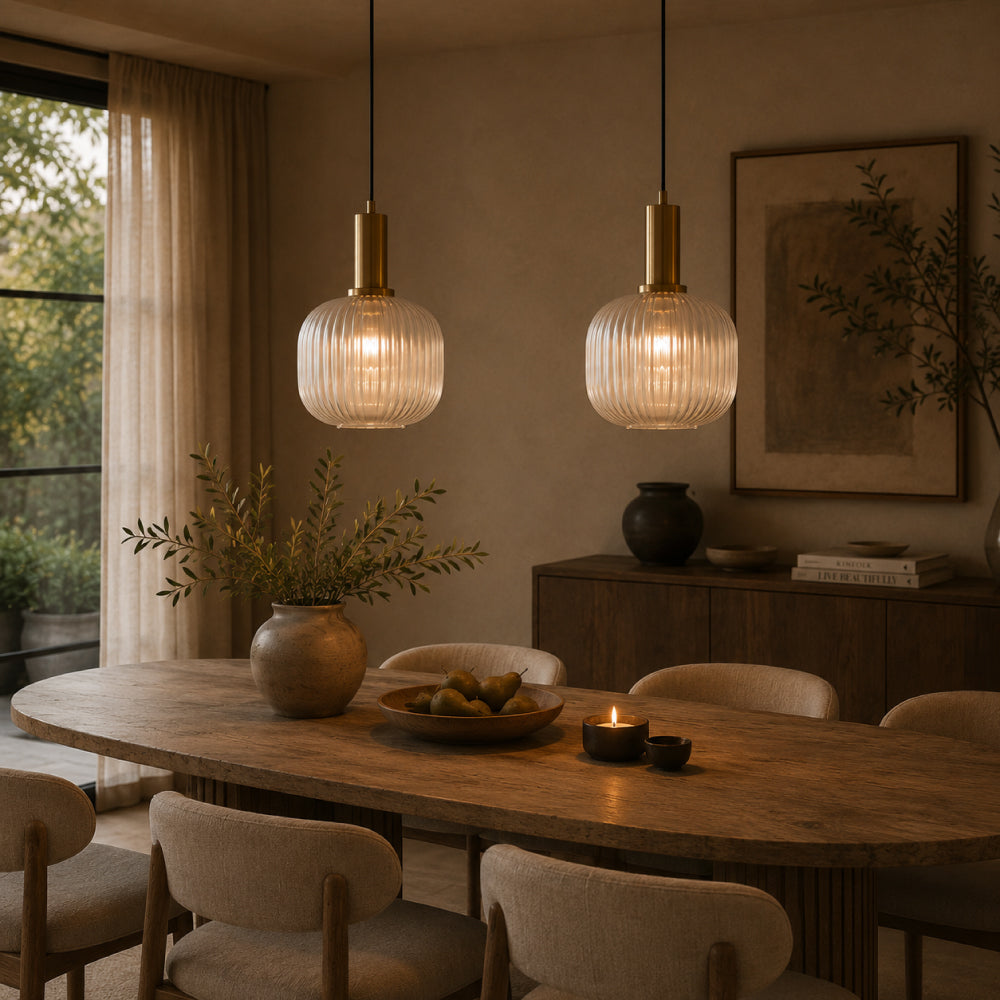 Rillet Glas Pendel Lampe - Tonet Glas med Retro Udtryk 34