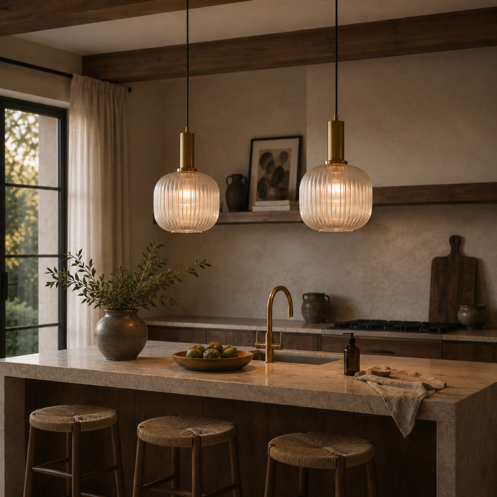 Rillet Glas Pendel Lampe - Tonet Glas med Retro Udtryk 35