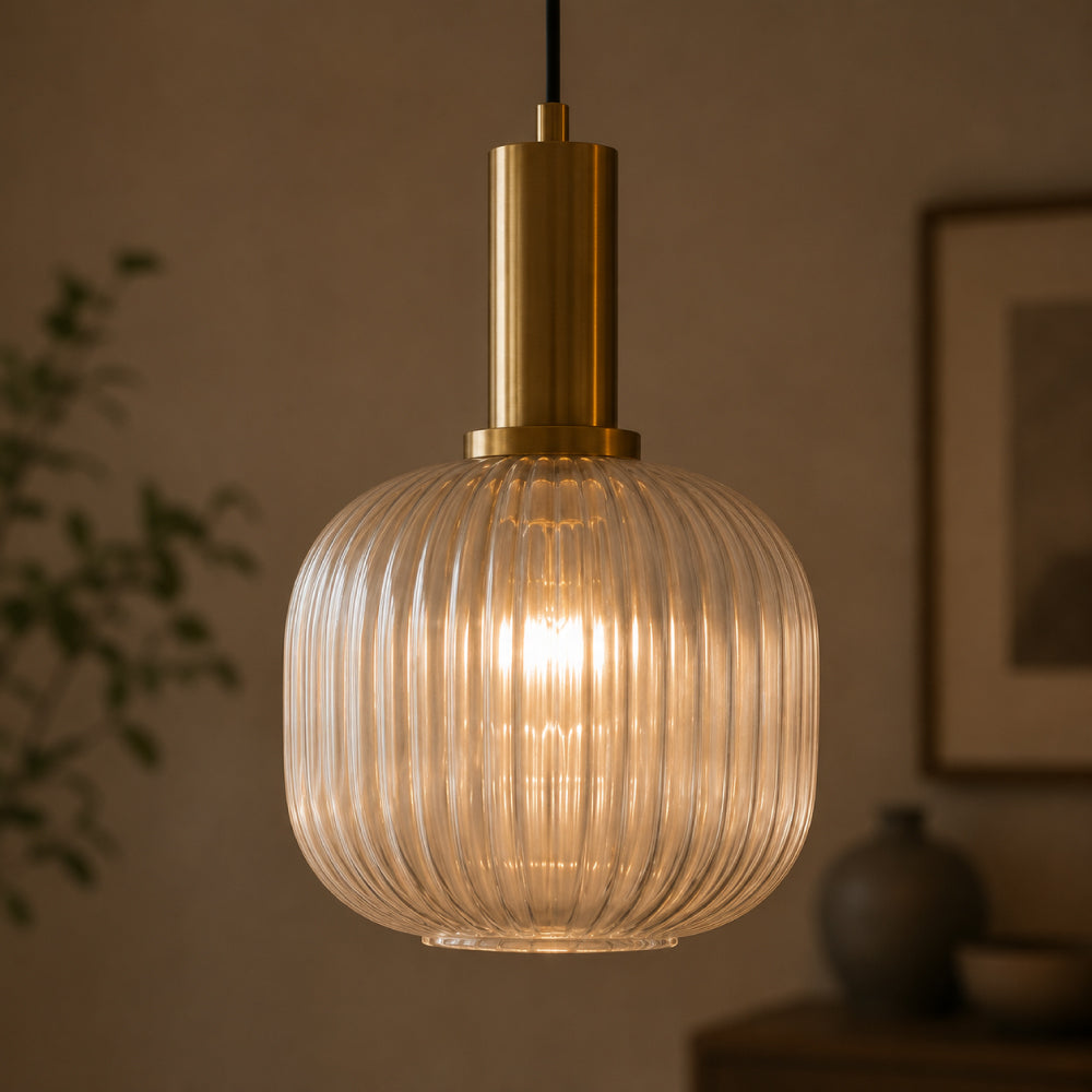 Rillet Glas Pendel Lampe - Tonet Glas med Retro Udtryk 36
