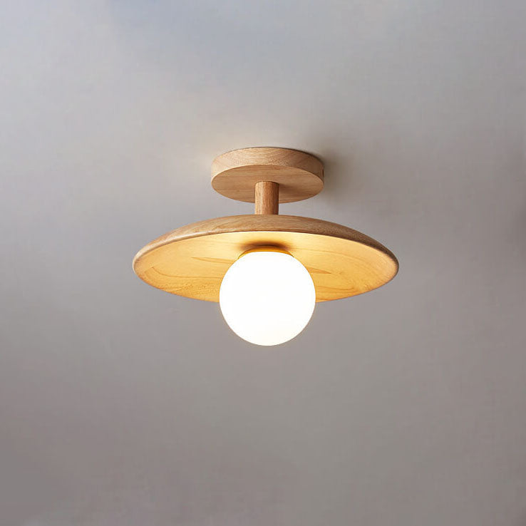 Skandinavisk Loftlampe i Træ - Rundt Design med Opalglaskugle 7
