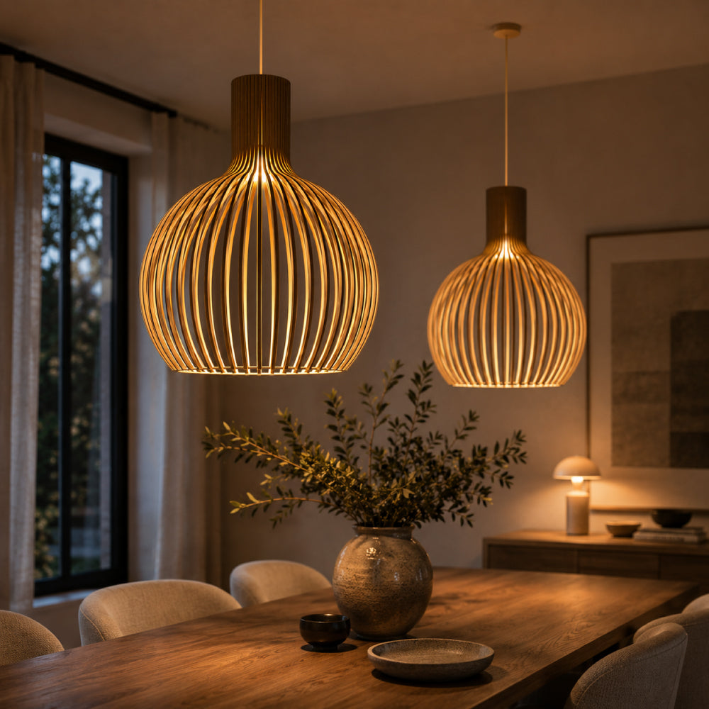 Skandinavisk Pendel Lampe i Træ - Lameldesign til Spisebord 1
