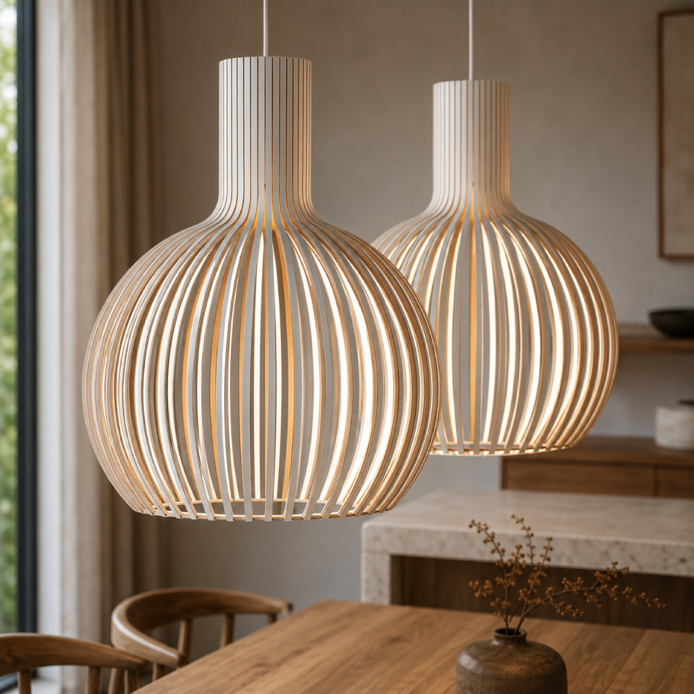 Skandinavisk Pendel Lampe i Træ – Lameldesign til Spisebord 2
