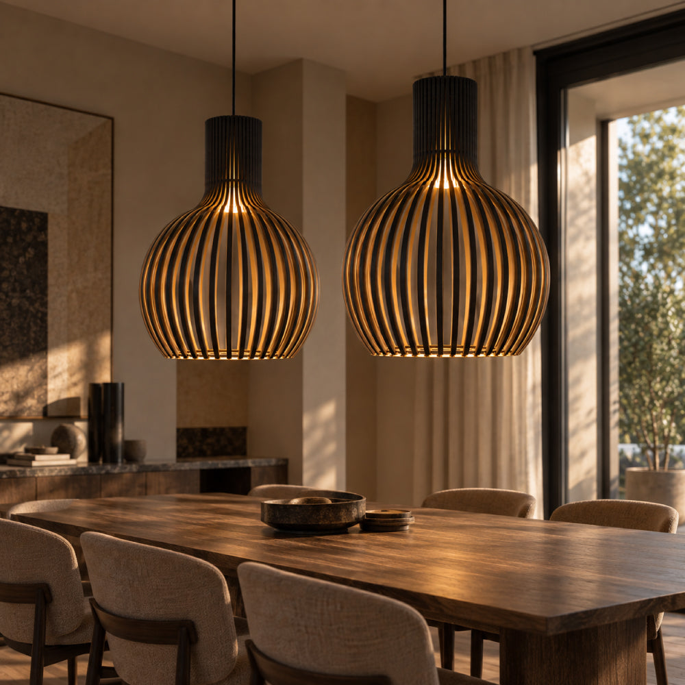 Skandinavisk Pendel Lampe i Træ - Lameldesign til Spisebord 21