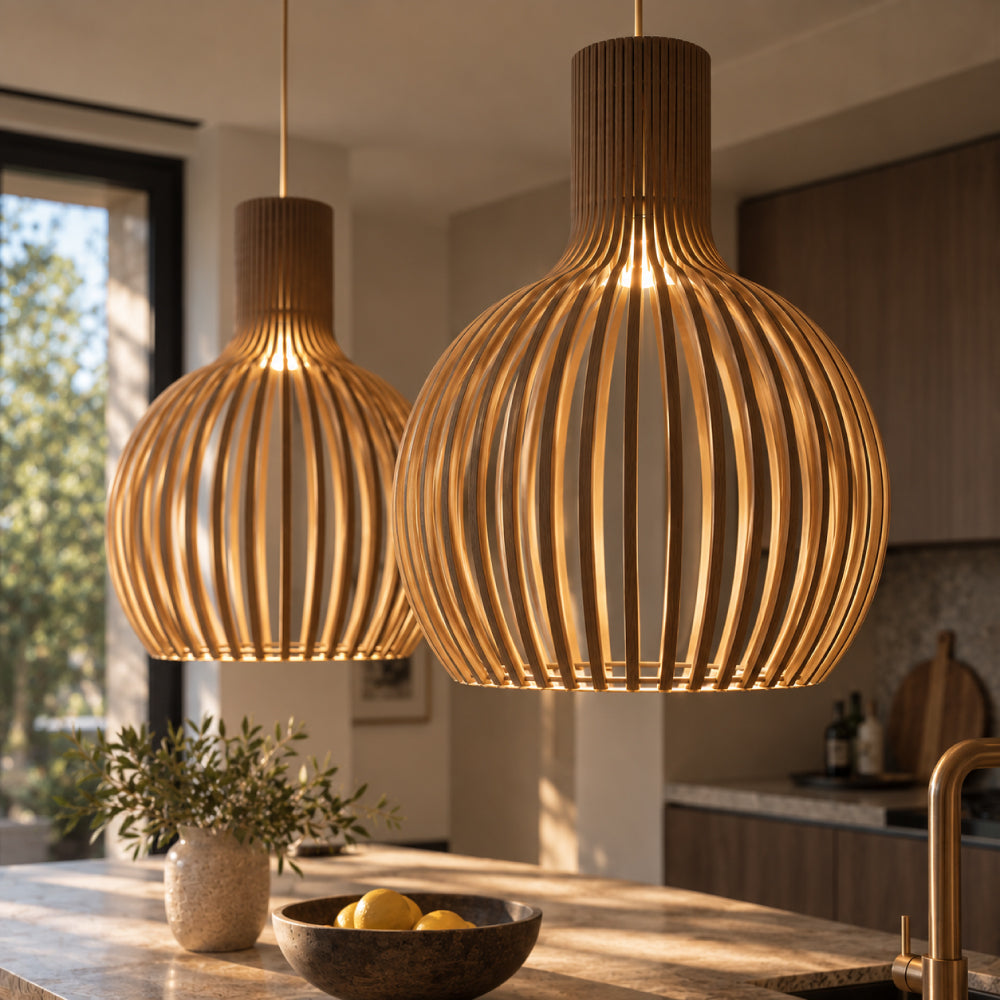 Skandinavisk Pendel Lampe i Træ - Lameldesign til Spisebord 25