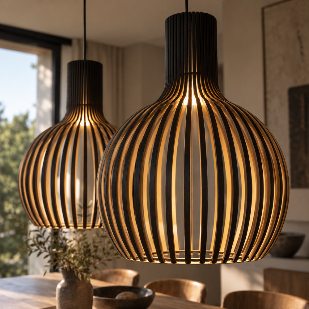 Skandinavisk Pendel Lampe i Træ - Lameldesign til Spisebord 26