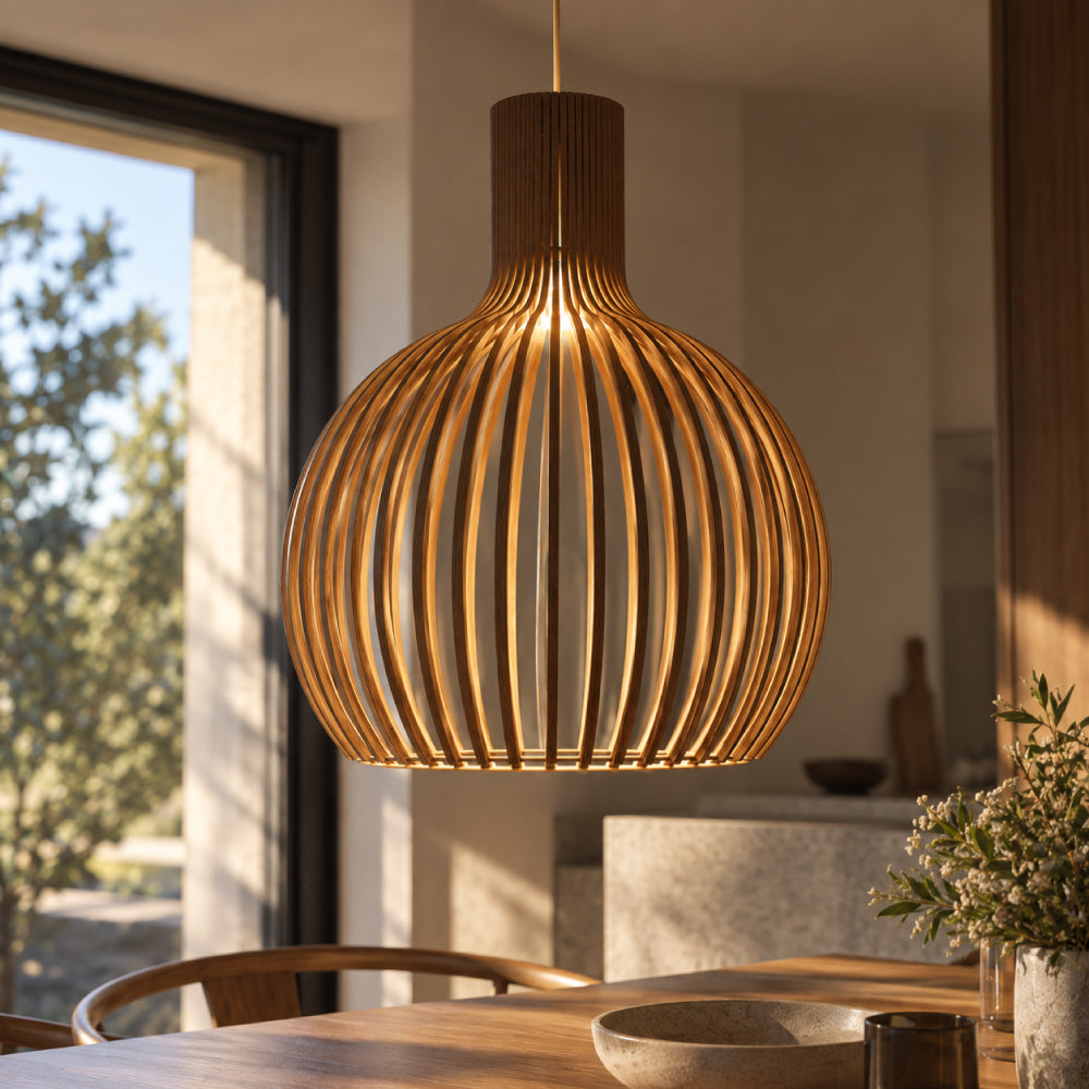 Skandinavisk Pendel Lampe i Træ - Lameldesign til Spisebord 29