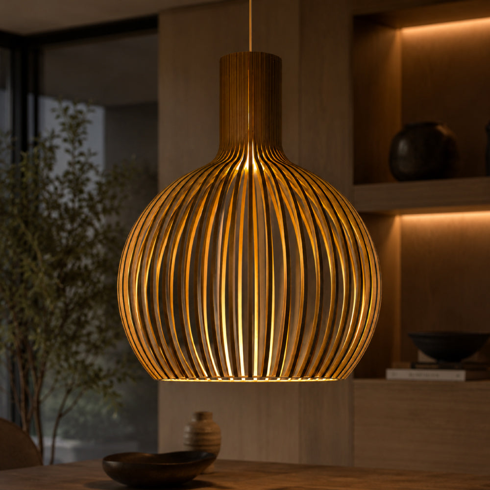 Skandinavisk Pendel Lampe i Træ – Lameldesign til Spisebord 4